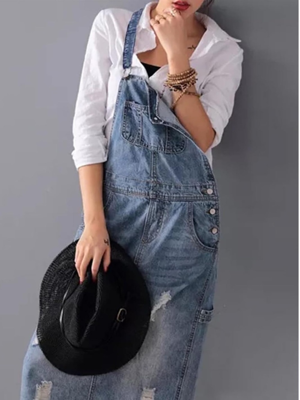 Adjustable Strap Distressed Denim Overall Maxi Dress A-Line Pinafore - Blue